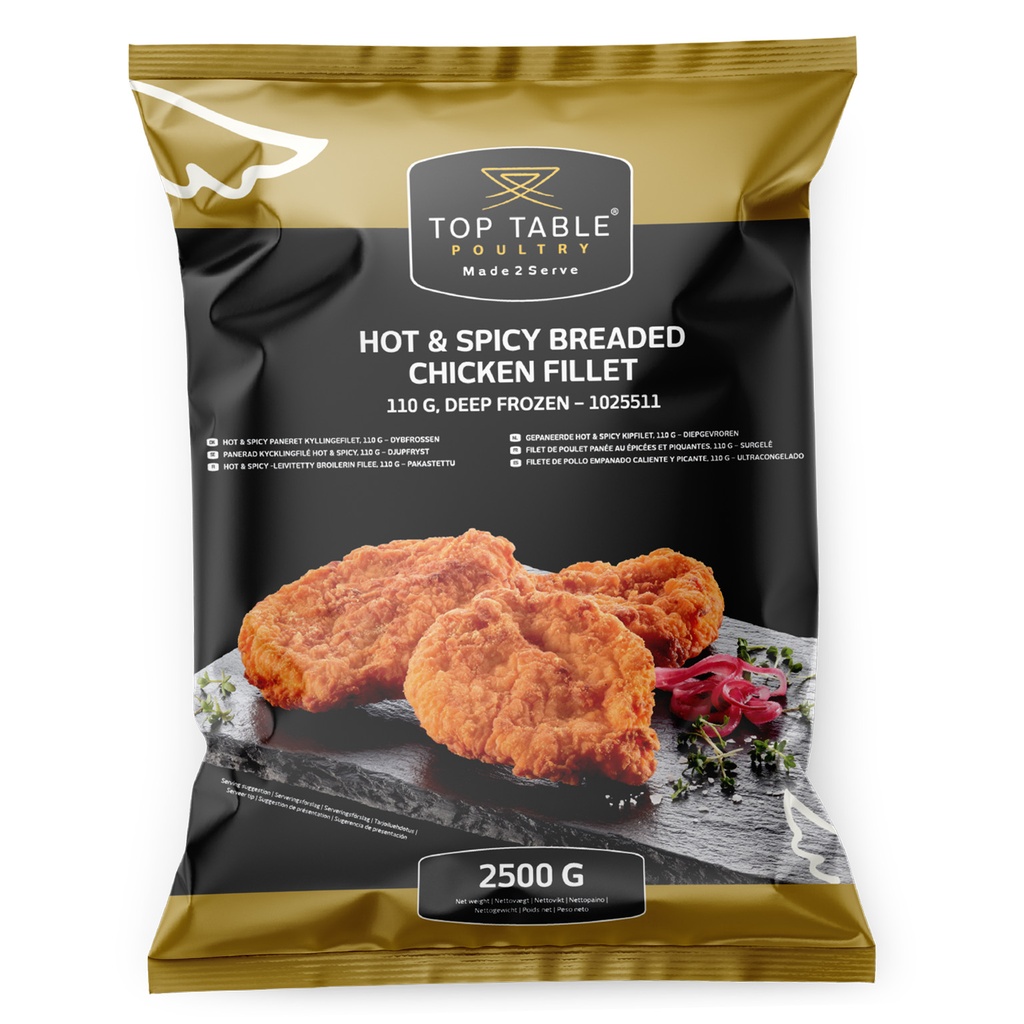 1025511 Kipfilet Gepaneerd Hot&Spicy 110 gr Top Table 2,5 kg